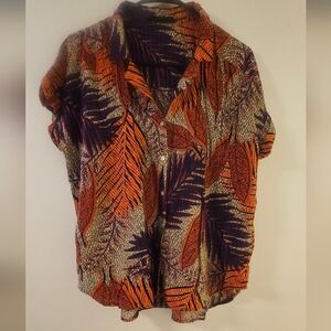 EUC! Jane and Delancey Orange and Purple Leaf Print Button Down Shirt - XL
